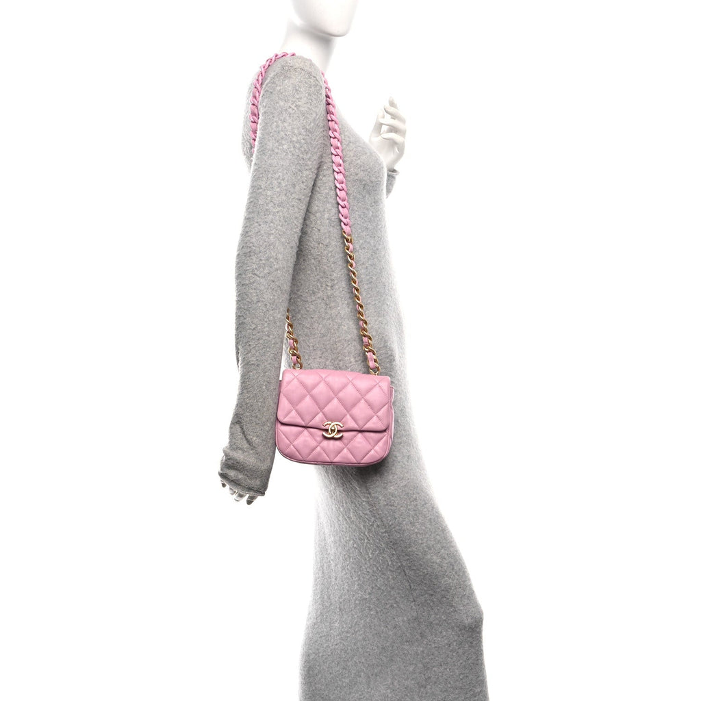 Chanel Lambskin Quilted Mini Lacquered Chain Flap Pink