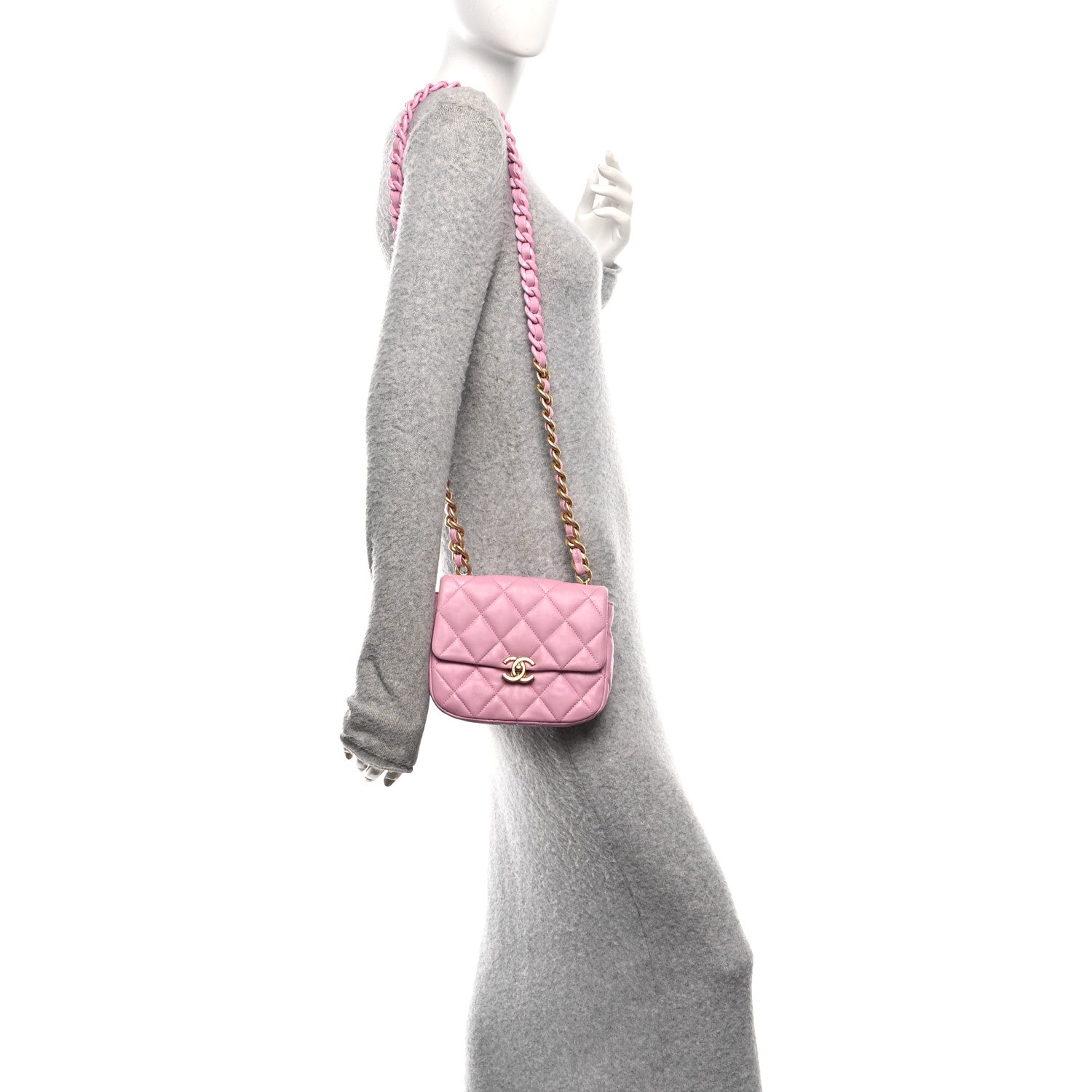 Chanel Lambskin Quilted Mini Lacquered Chain Flap Pink