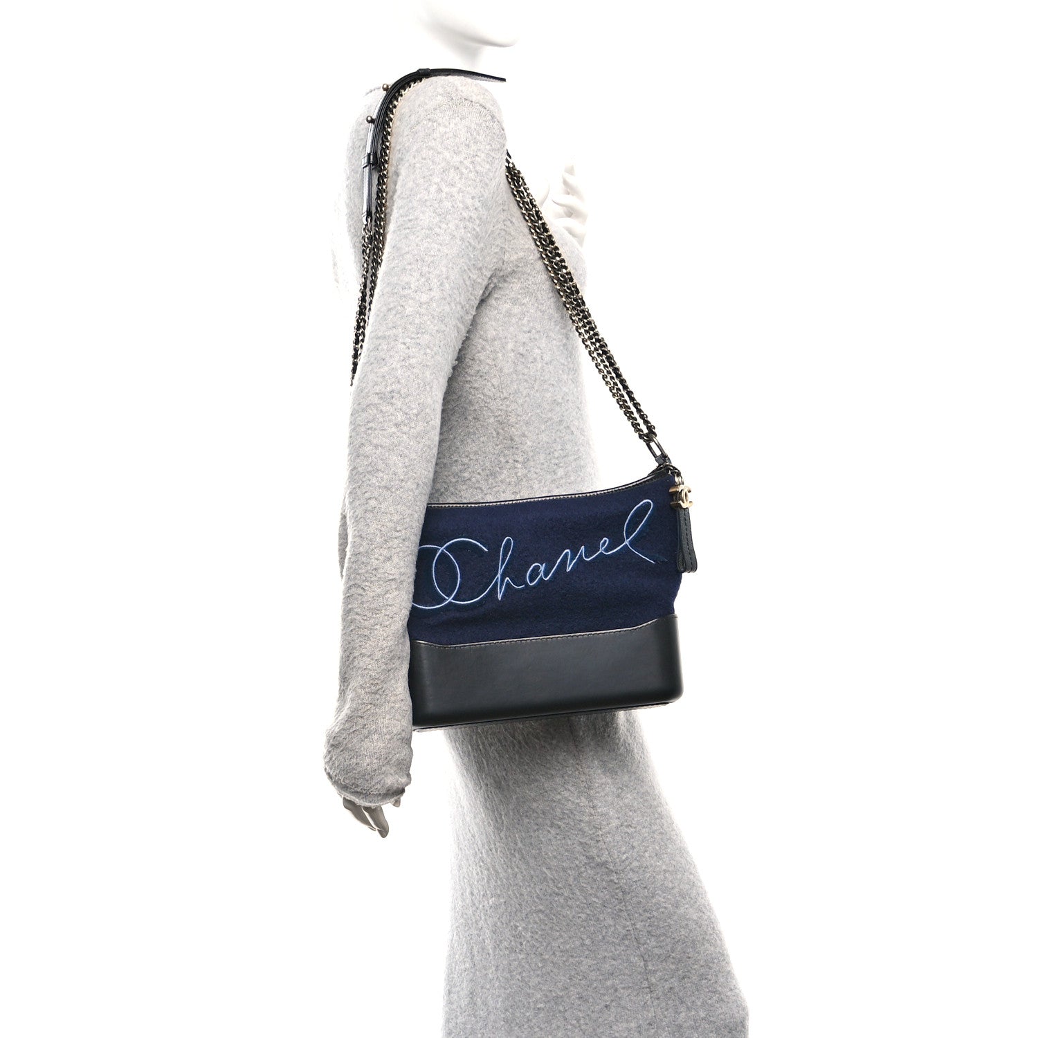 Chanel Calfskin Wool Embroidered Paris Hamburg Medium Gabrielle Hobo Dark Navy Blue