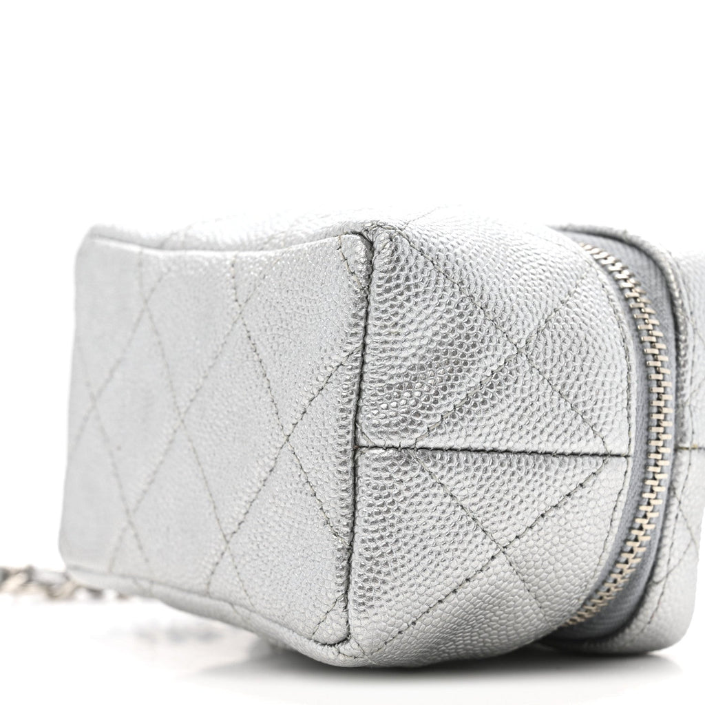Chanel Metallic Caviar Quilted Mini Top Handle Vanity With Chain Silver