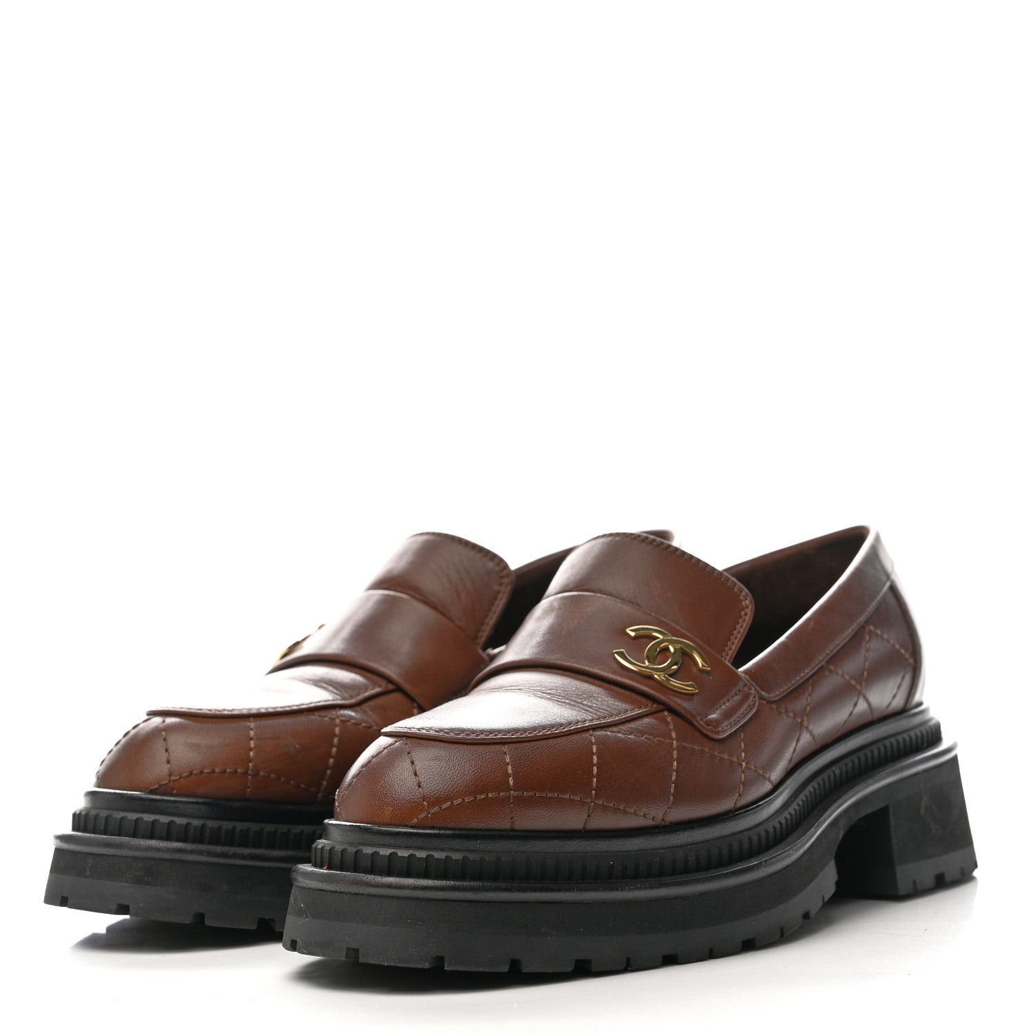 Calfskin Quilted CC Mocassin Loafers 36 Brown