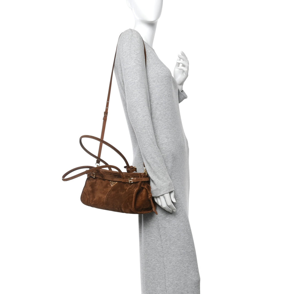 Prada Suede Triangle Medium Bonnie Shoulder Bag Cacao