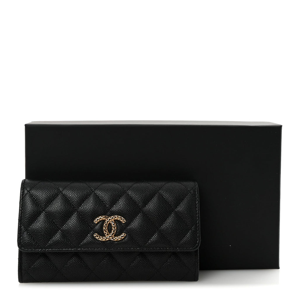 Caviar Metal Perforated Quilted CC Flap Wallet Black