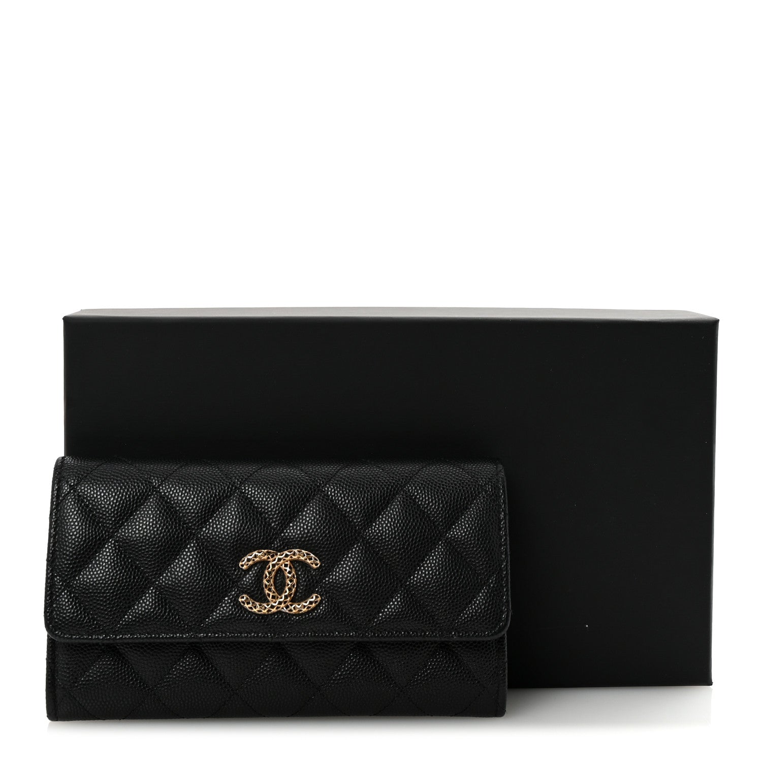 Caviar Metal Perforated Quilted CC Flap Wallet Black