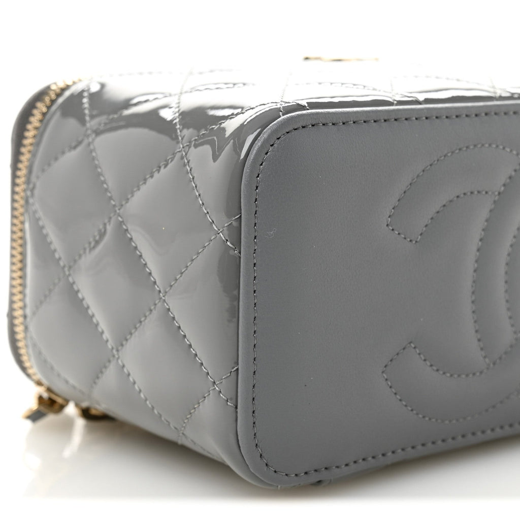 Chanel Patent Quilted Quilted Small Top Handle Vanity Case With Chain Grey