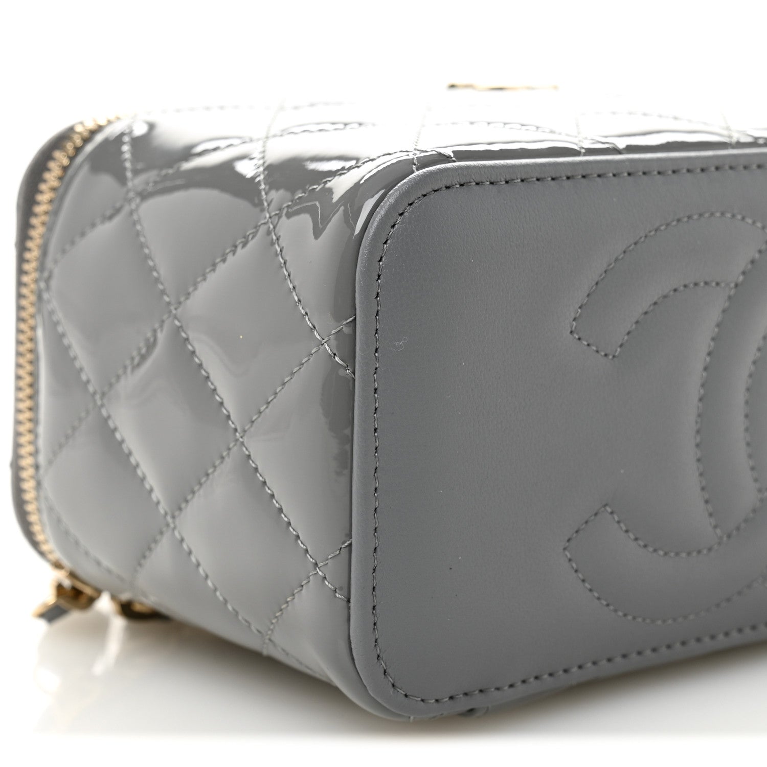 Chanel Patent Quilted Quilted Small Top Handle Vanity Case With Chain Grey