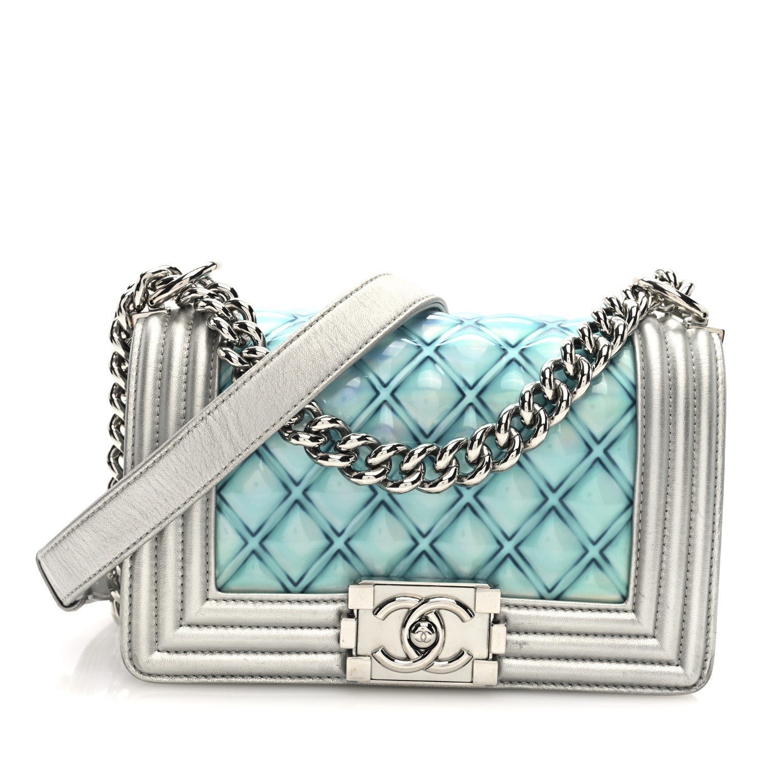 Chanel Metallic Lambskin PVC Quilted Small Boy Flap Blue