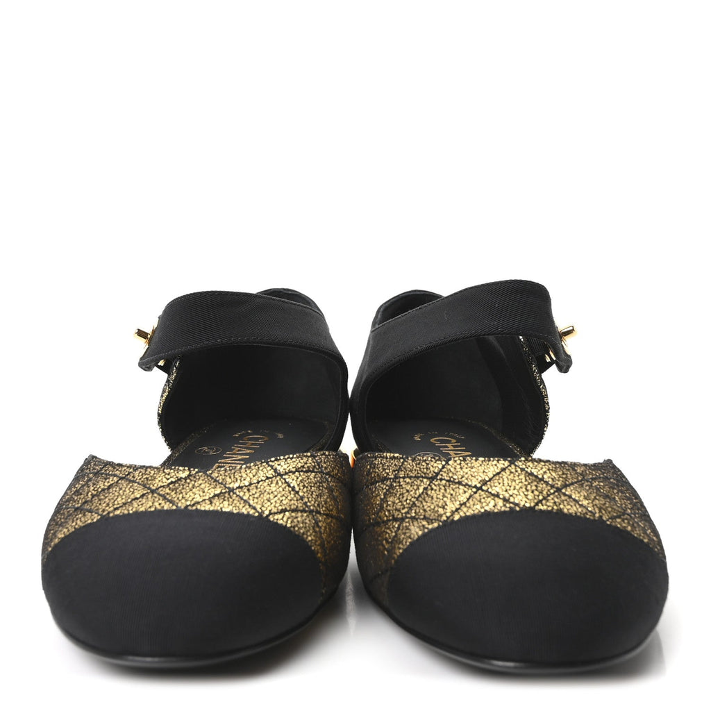 Laminated Suede Kidskin Grosgrain Quilted Cap Toe Ballerina Flats 36.5 Gold Black