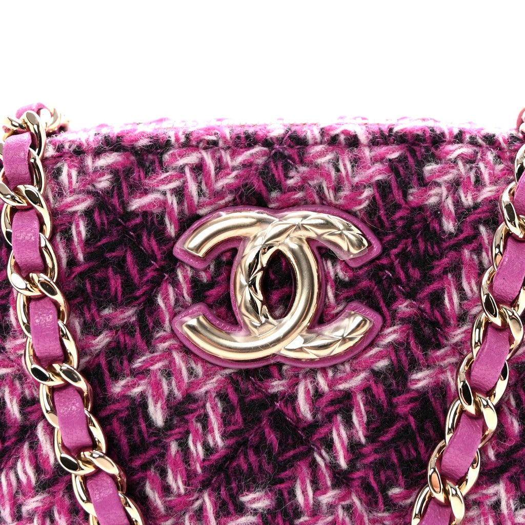 Chanel Tweed Quilted Mini Clutch With Chain Purple