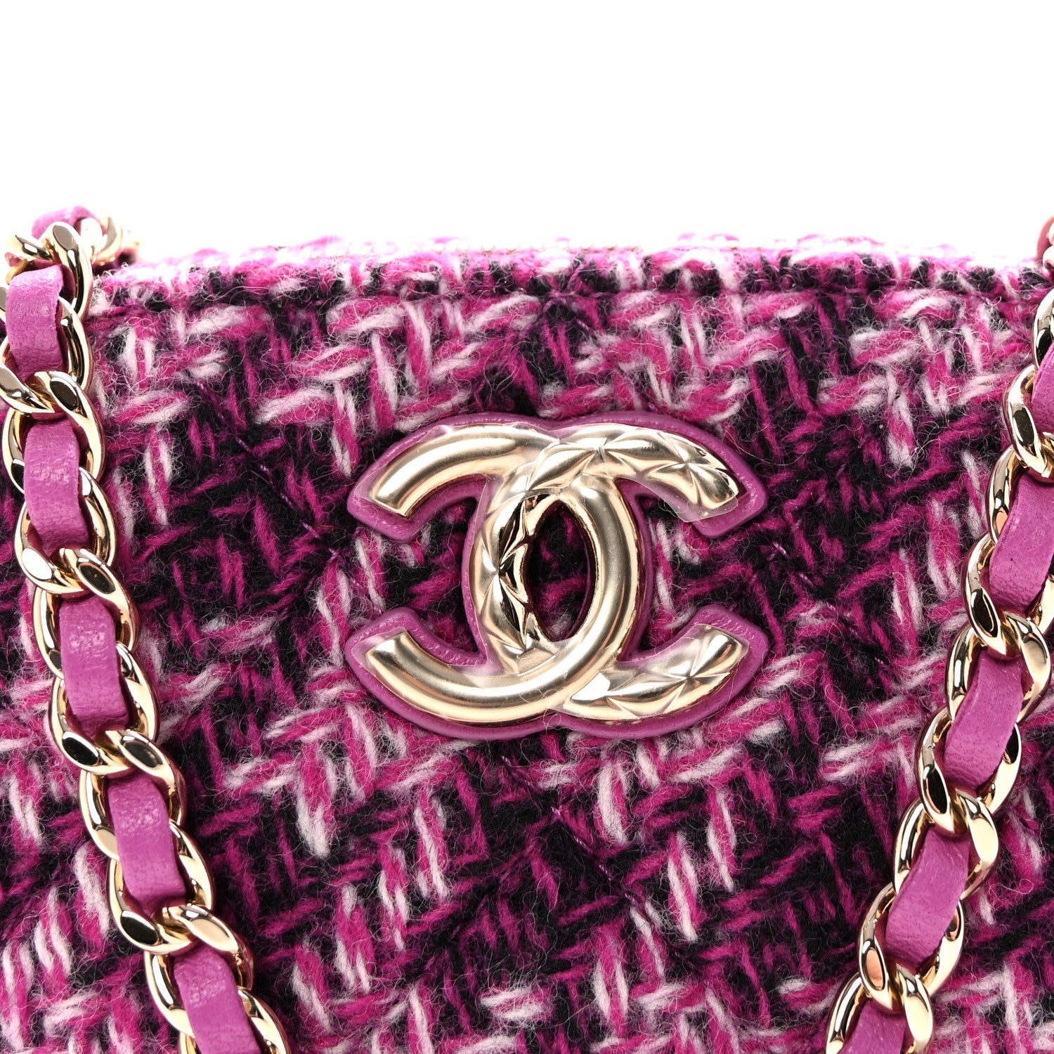 Chanel Tweed Quilted Mini Clutch With Chain Purple
