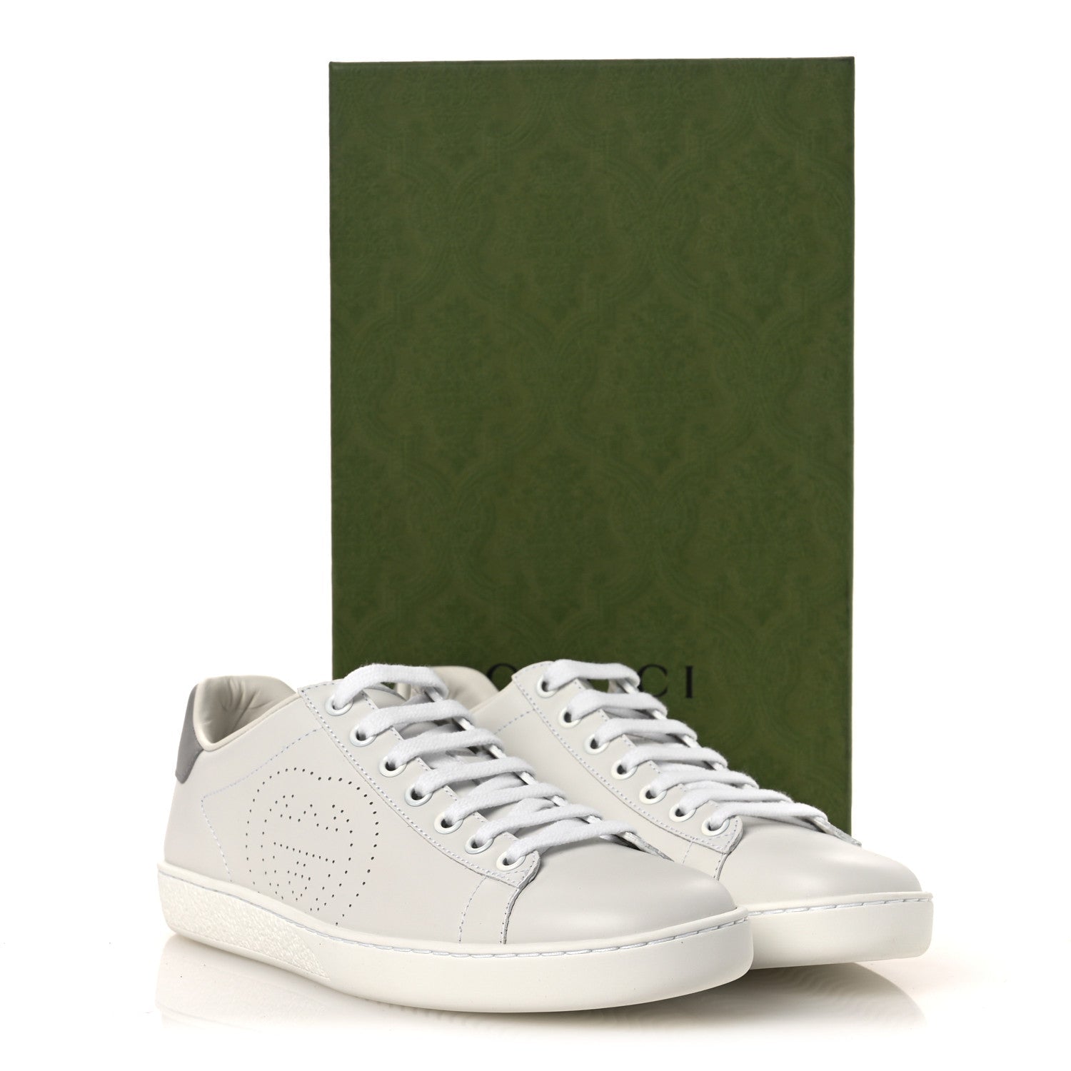 Gucci Calfskin Interlocking G Perforated Womens Ace Sneakers 37 White Grey Sky