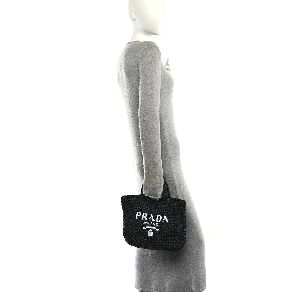 Prada Yarn Raffia Effect Crochet Small Logo Tote Black