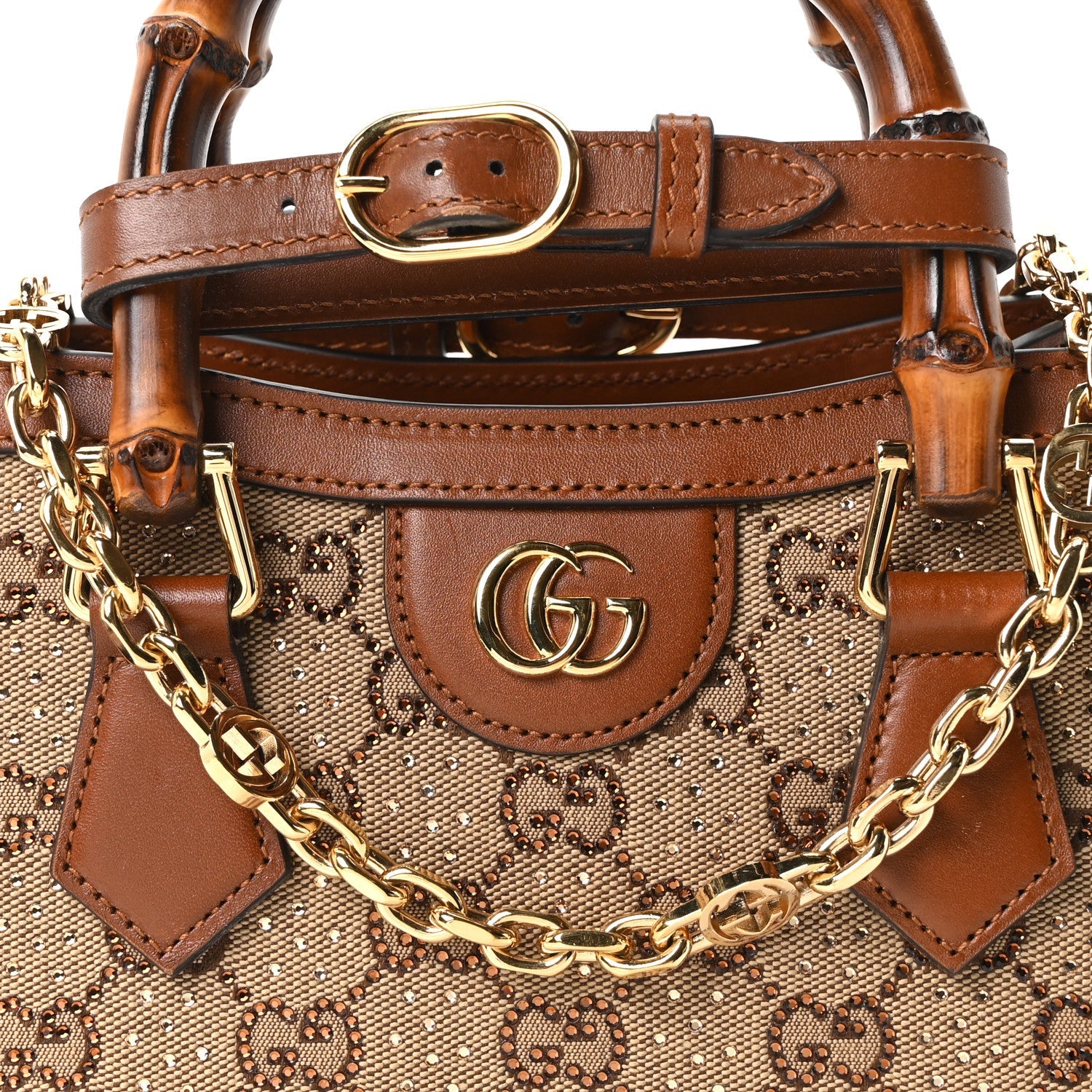 Gucci New Canvas Charisma Calfskin Crystal GG Monogram Mini Diana Tote Bag Camel Ebony