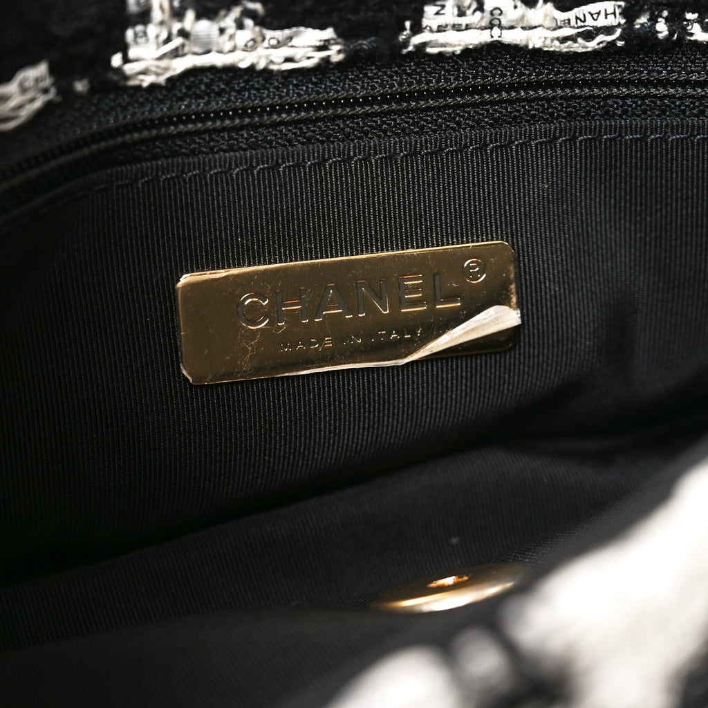 Chanel Tweed Quilted Large Chanel 19 Flap Black Ecru White