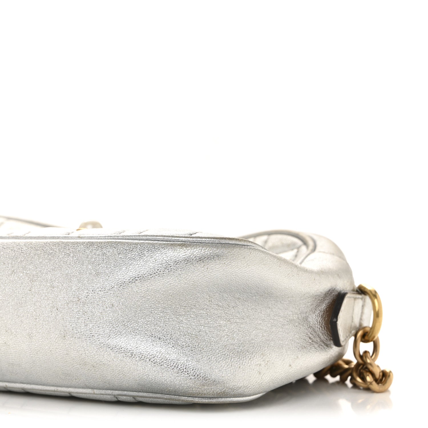 Gucci Metallic Calfskin Matelasse Studded Small Pearly GG Marmont Chain Shoulder Bag Silver