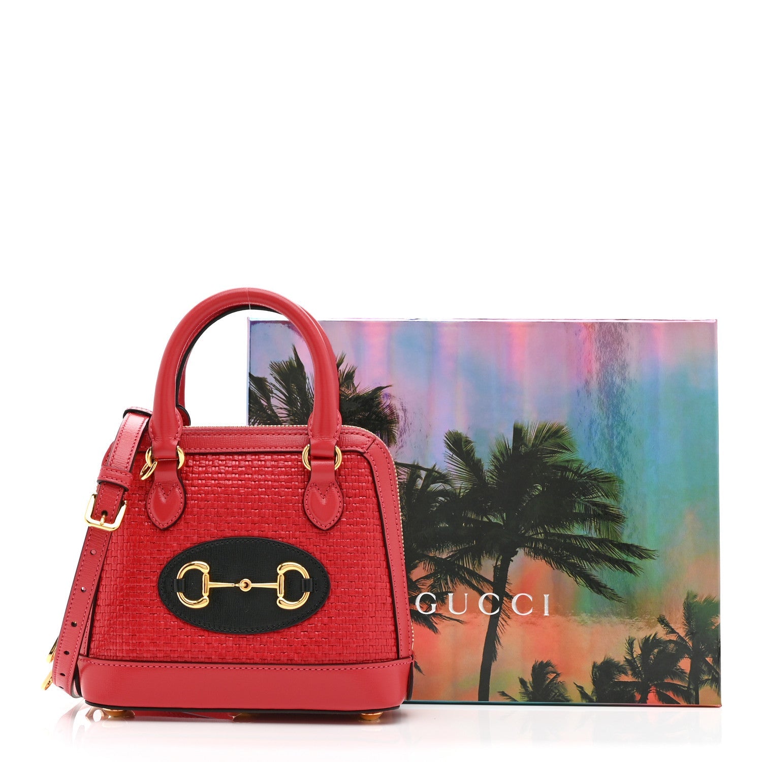 Gucci Straw Azalea Calfskin Woven Mini Horsebit 1955 Top Handle Bag Coral Wave Black