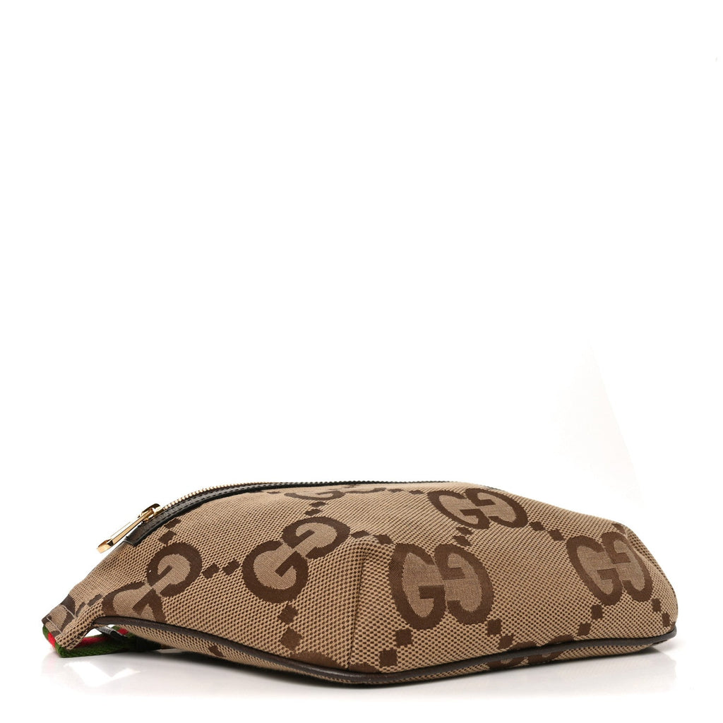 Gucci Monogram Jumbo GG Textured Dollar Calfskin Web Belt Bag Camel Ebony New Acero