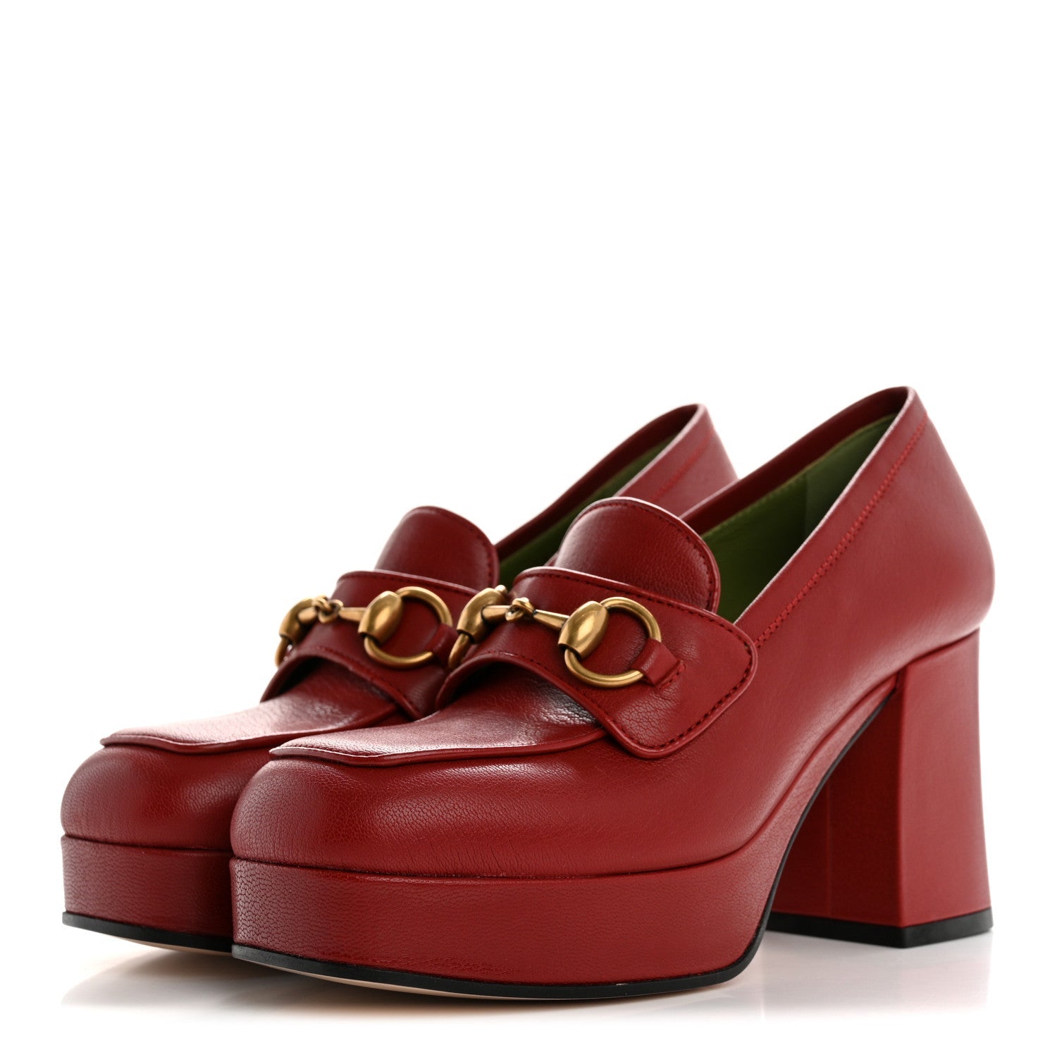 Gucci Goatskin Houdan Mid Heel Platform Loafers 35.5 Hibiscus Red