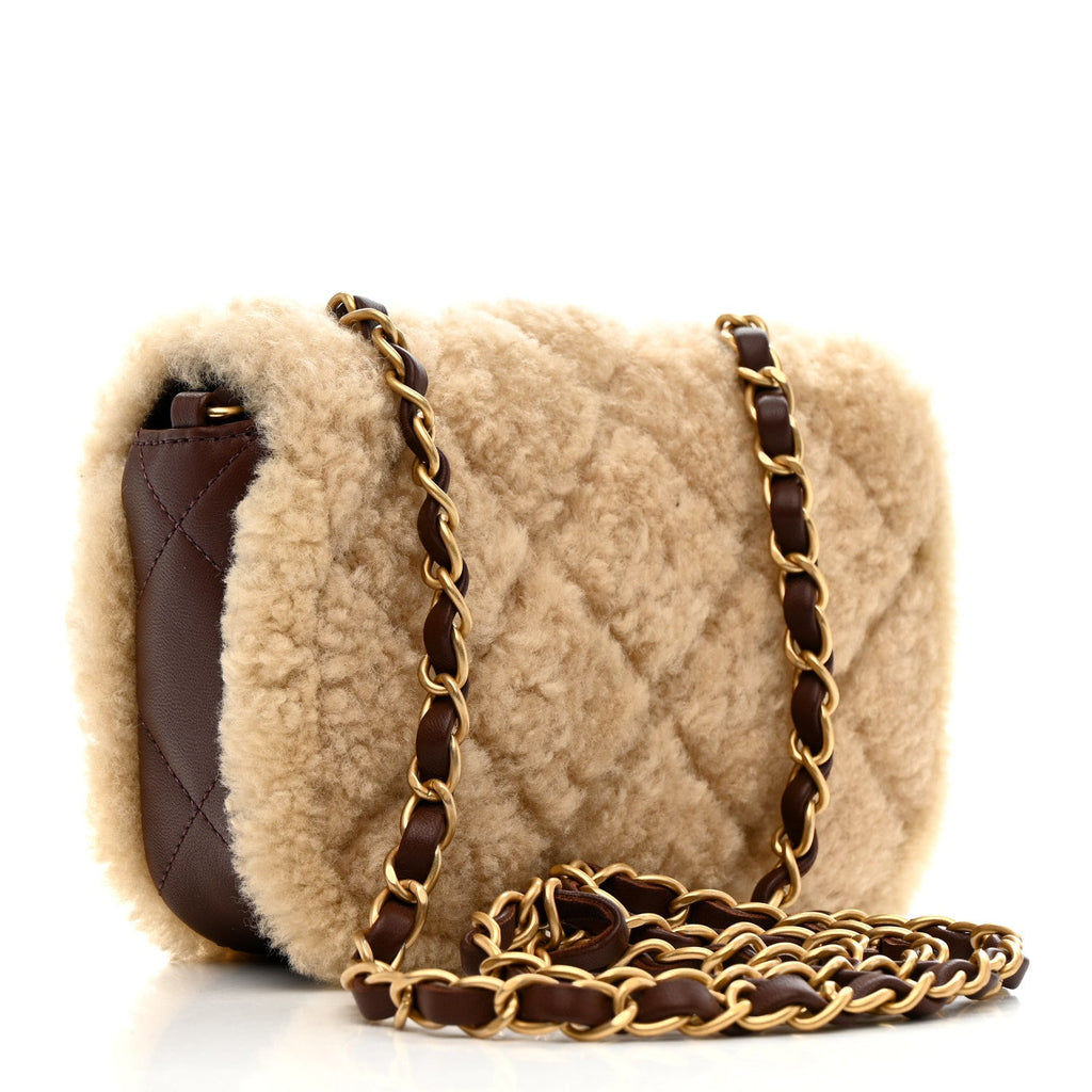 Chanel Shearling Lambskin Quilted Mini Furry Coco Flap Beige Dark Brown