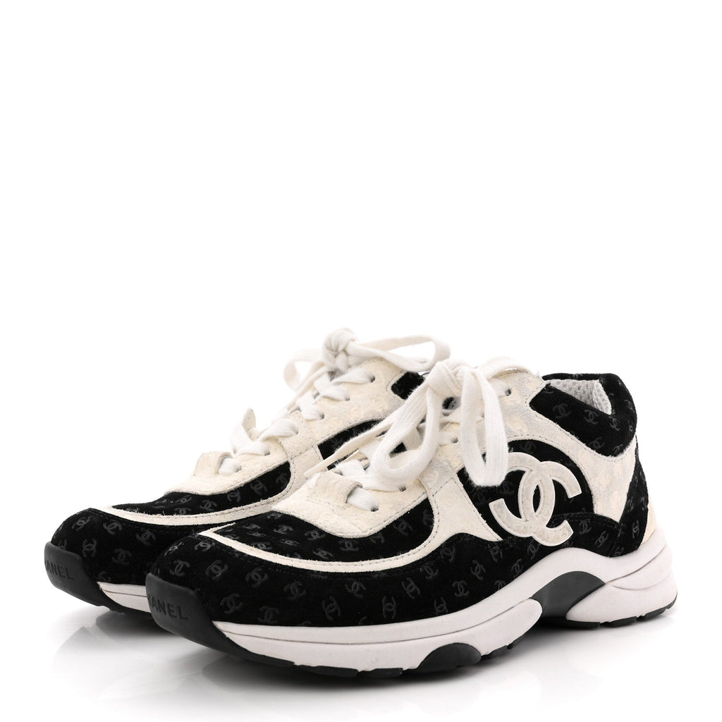 Nylon Suede Calfskin Printed CC Sneakers 36 White Black