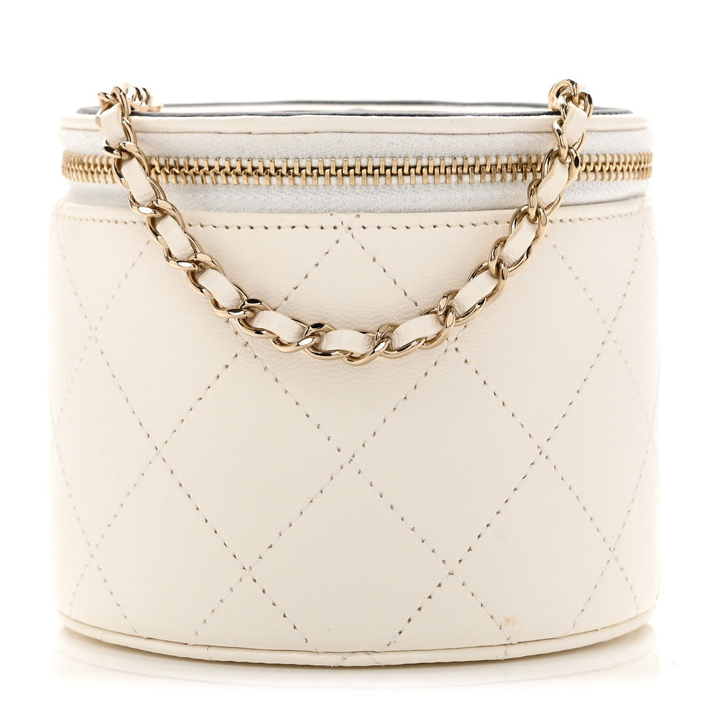 Chanel Lambskin Quilted Round Small Vanity Case With Chain White Black