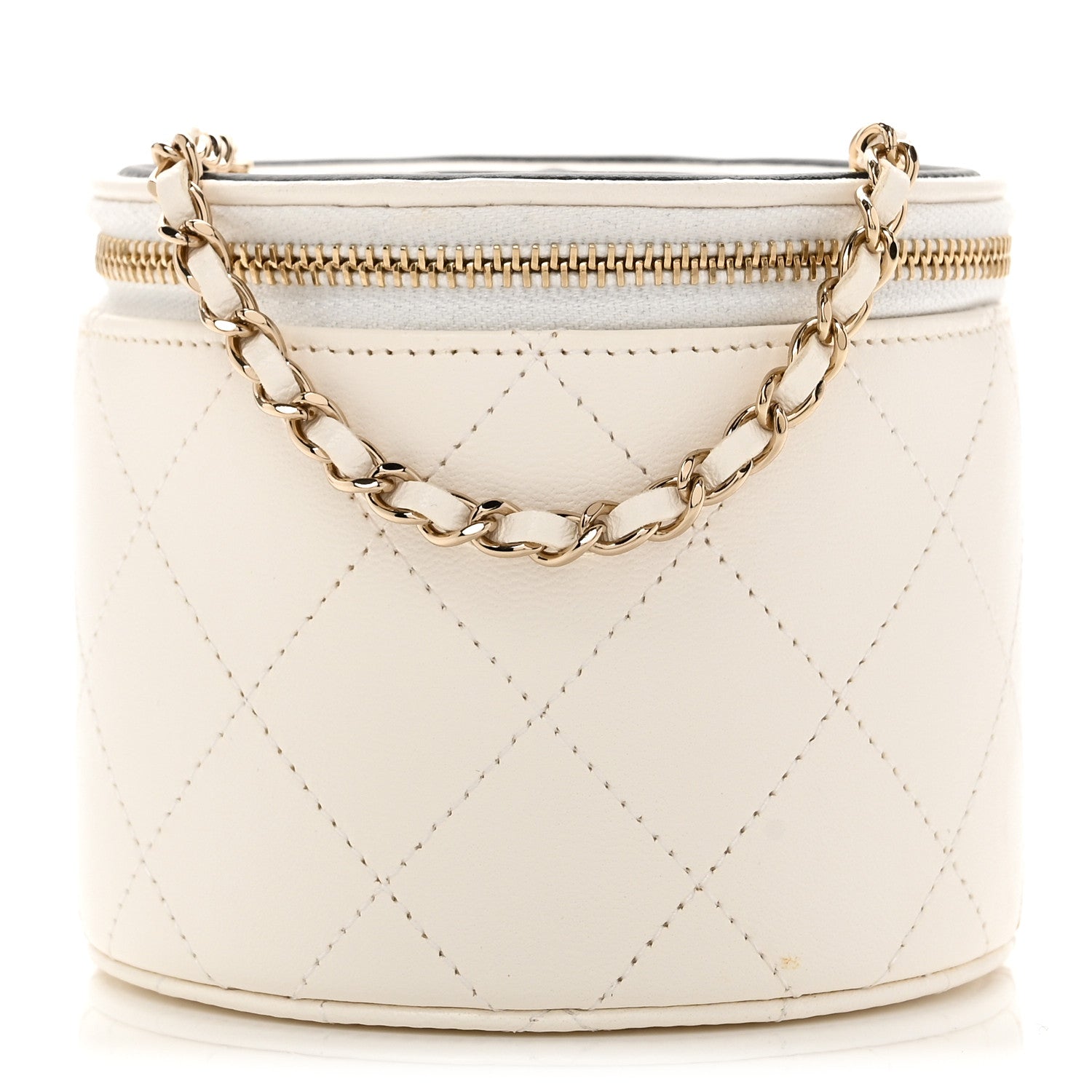 Chanel Lambskin Quilted Round Small Vanity Case With Chain White Black