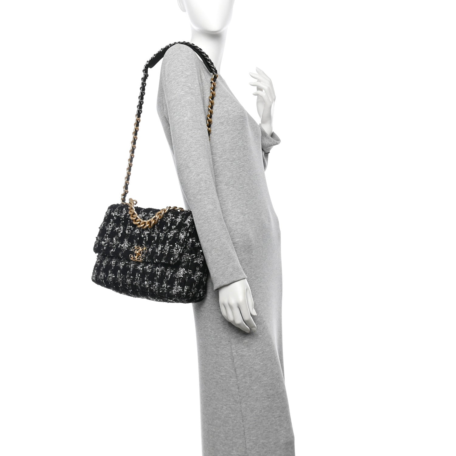 Chanel Tweed Quilted Large Chanel 19 Flap Black Silver Ecru