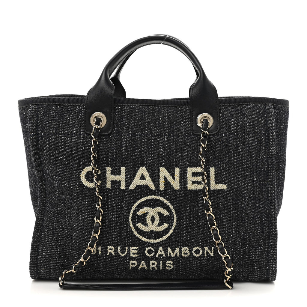Chanel Denim Small Deauville Tote Dark Blue White