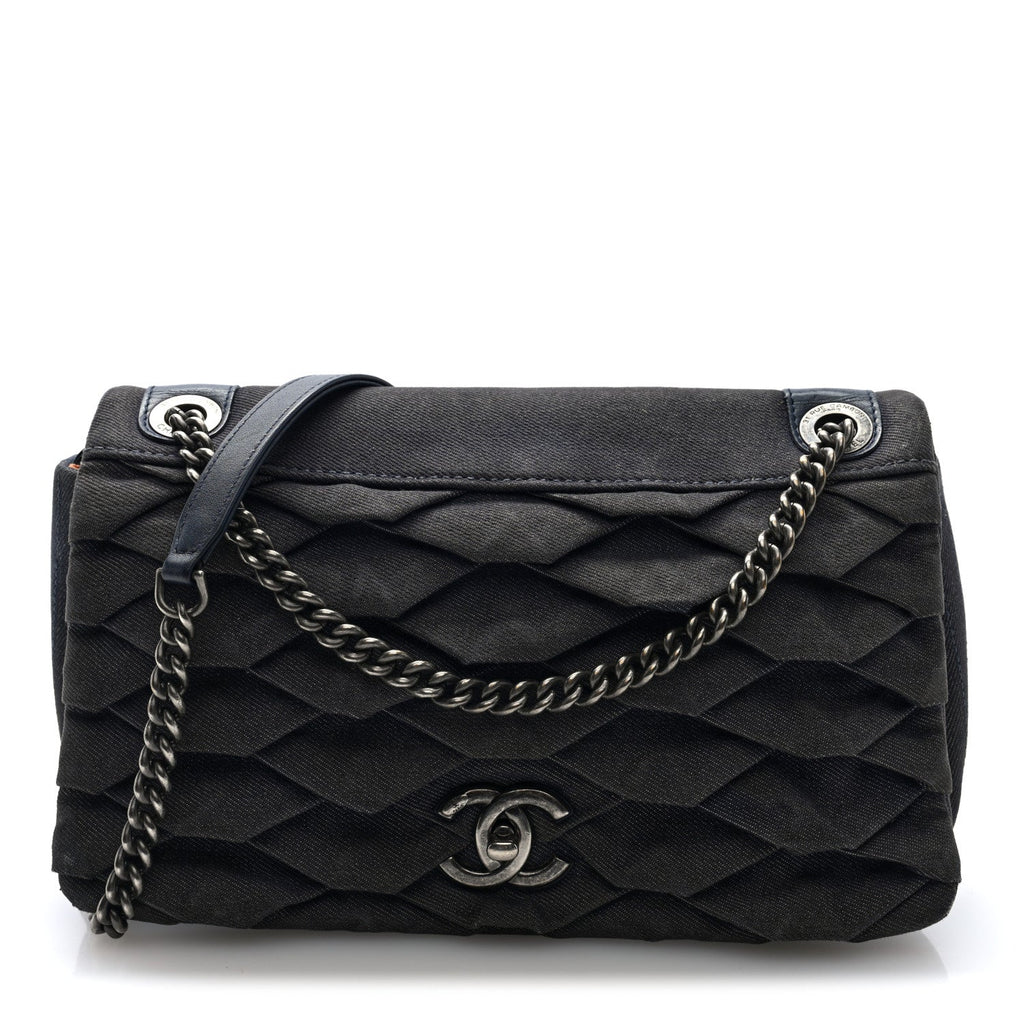 Chanel Denim Pleated Denim Turtle Flap Dark Blue