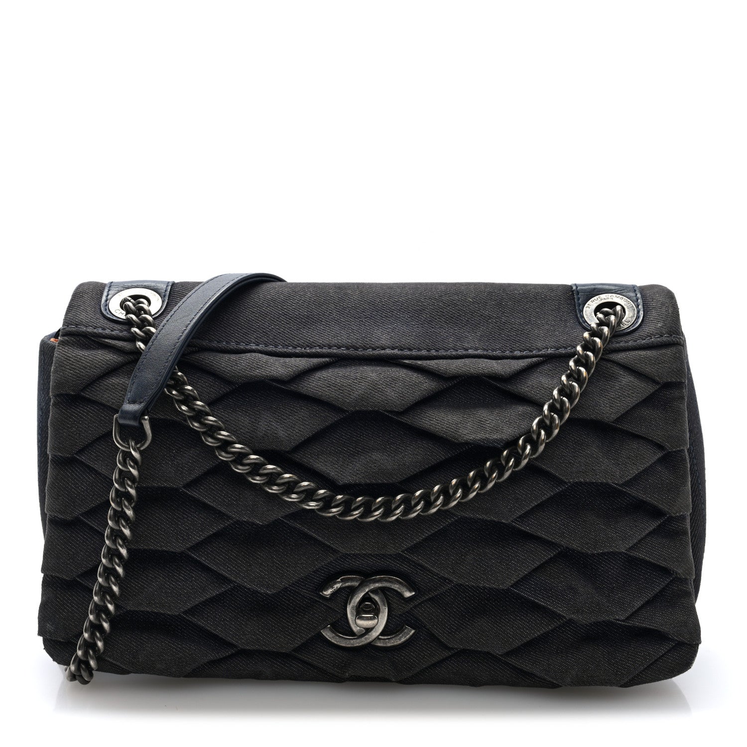Chanel Denim Pleated Denim Turtle Flap Dark Blue