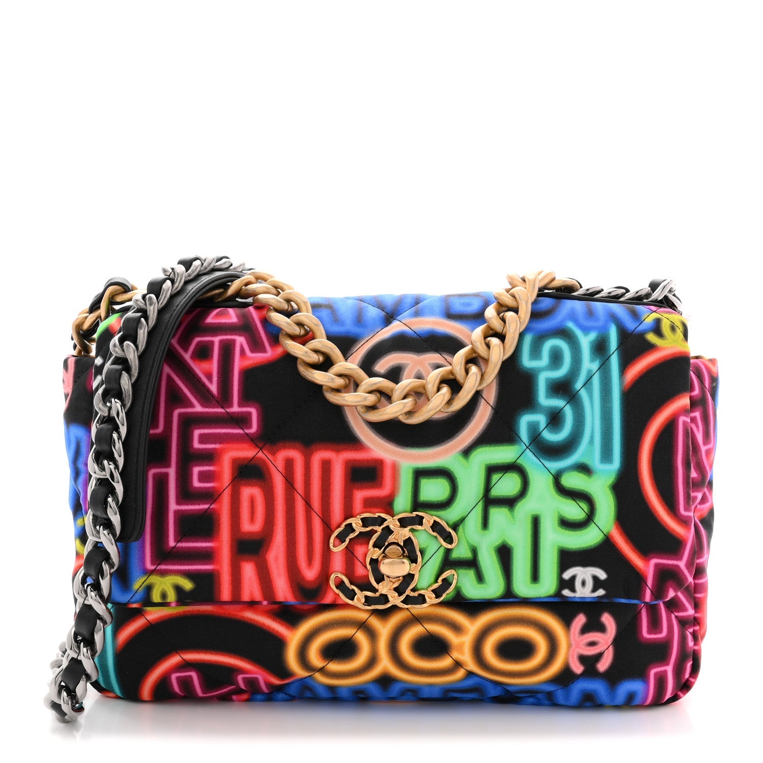 Chanel Fabric Printed Medium Chanel 19 Flap Black Multicolor