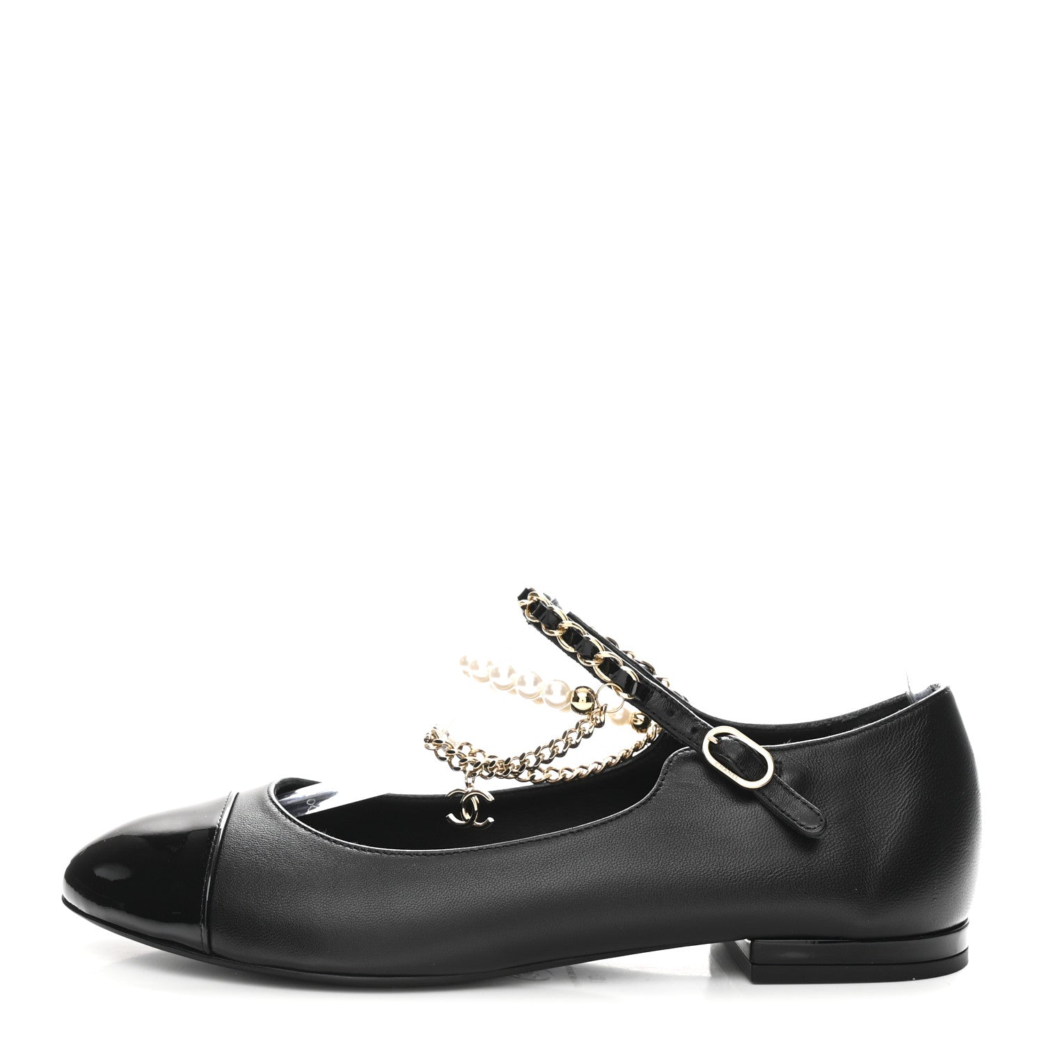 Chanel Shiny Lambskin Pearl Cap Toe Ankle Chain Ballerina Flats 37 Black