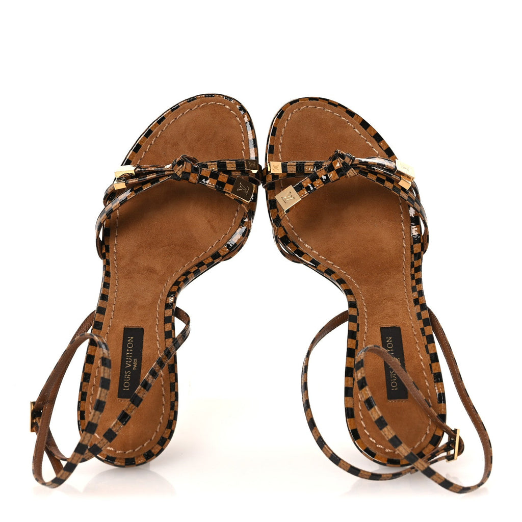 Louis Vuitton Patent Suede Damier Bow Ankle Wrap Sandals 36