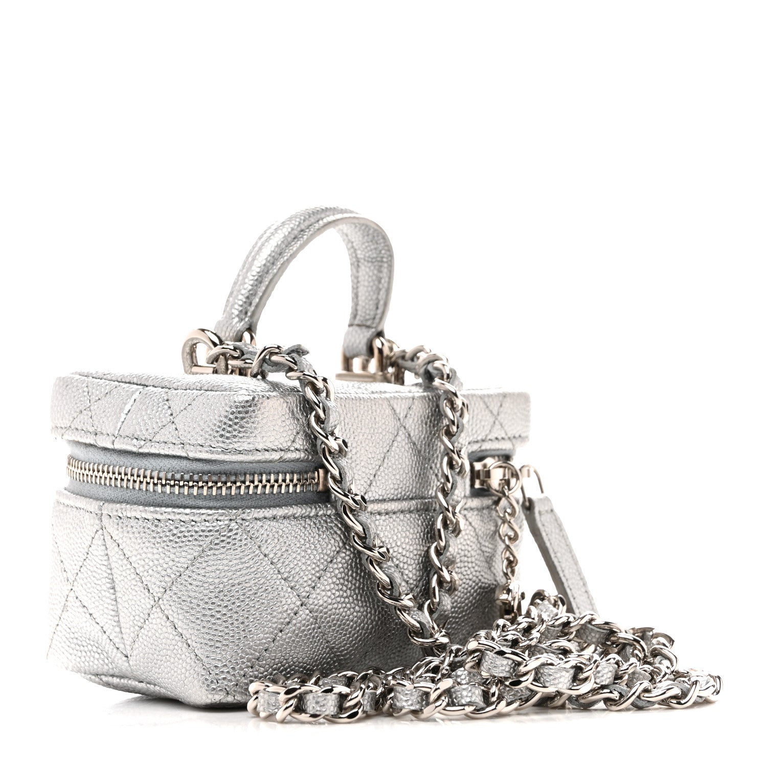 Chanel Metallic Caviar Quilted Mini Top Handle Vanity With Chain Silver