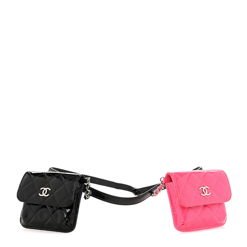Patent Quilted Belt In Love Double Mini Flap Waist Bag Black Pink