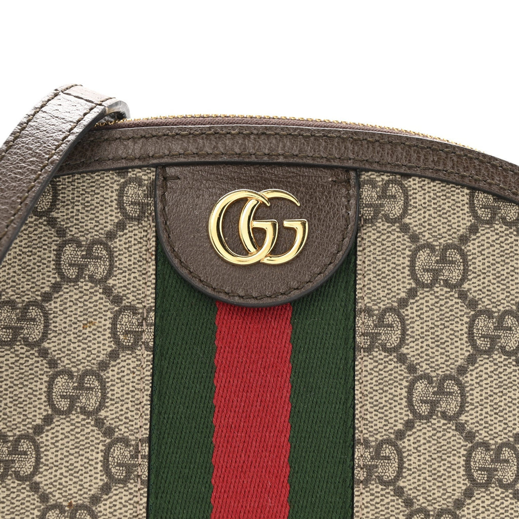 Gucci GG Supreme Monogram Textured Dollar Calfskin Web Small Ophidia Dome Shoulder Bag Beige Ebony New Acero