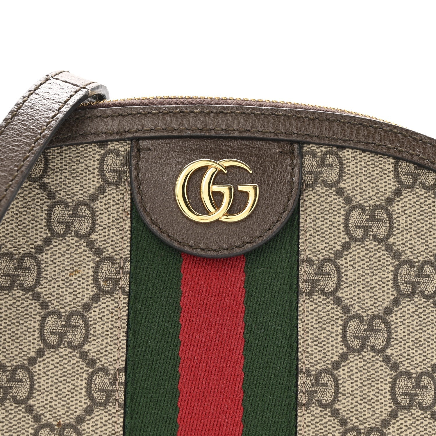 Gucci GG Supreme Monogram Textured Dollar Calfskin Web Small Ophidia Dome Shoulder Bag Beige Ebony New Acero