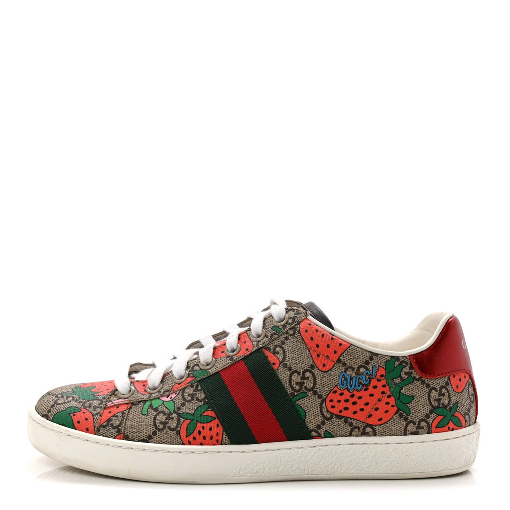 Gucci GG Supreme Monogram Strawberry Web Womens Ace Sneakers 36.5 Beige Multicolor Red Green