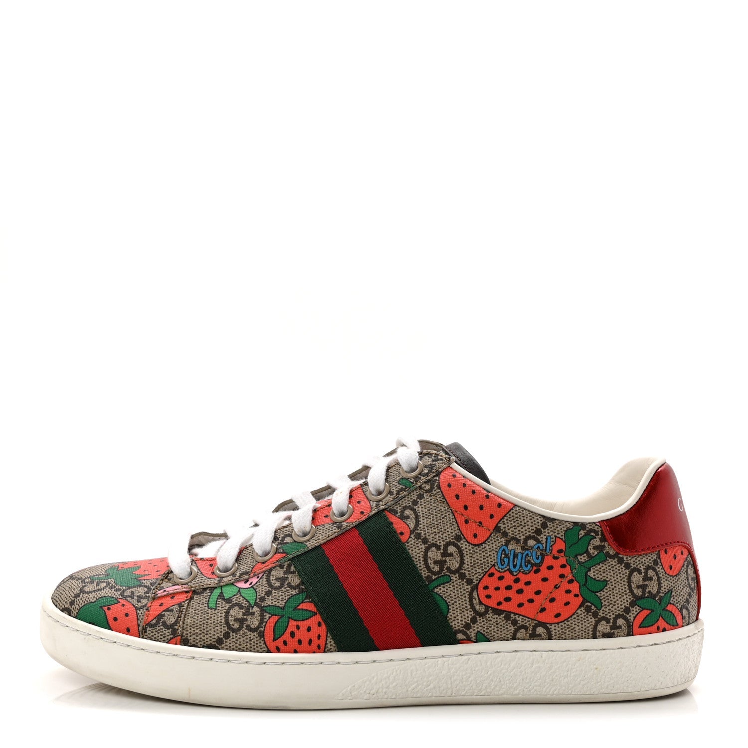 Gucci GG Supreme Monogram Strawberry Web Womens Ace Sneakers 36.5 Beige Multicolor Red Green