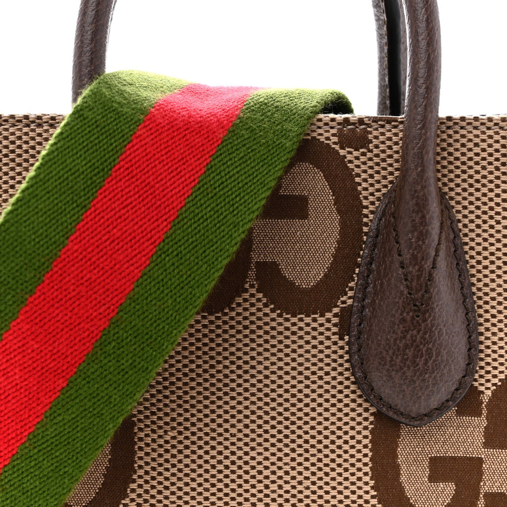 Gucci Monogram Jumbo GG Textured Dollar Calfskin Web Mini Vertical Tote Camel Ebony New Acero