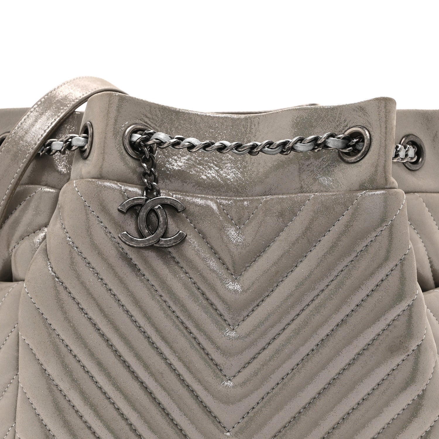 Chanel Iridescent Calfskin Chevron Small Urban Spirit Drawstring Bag Silver