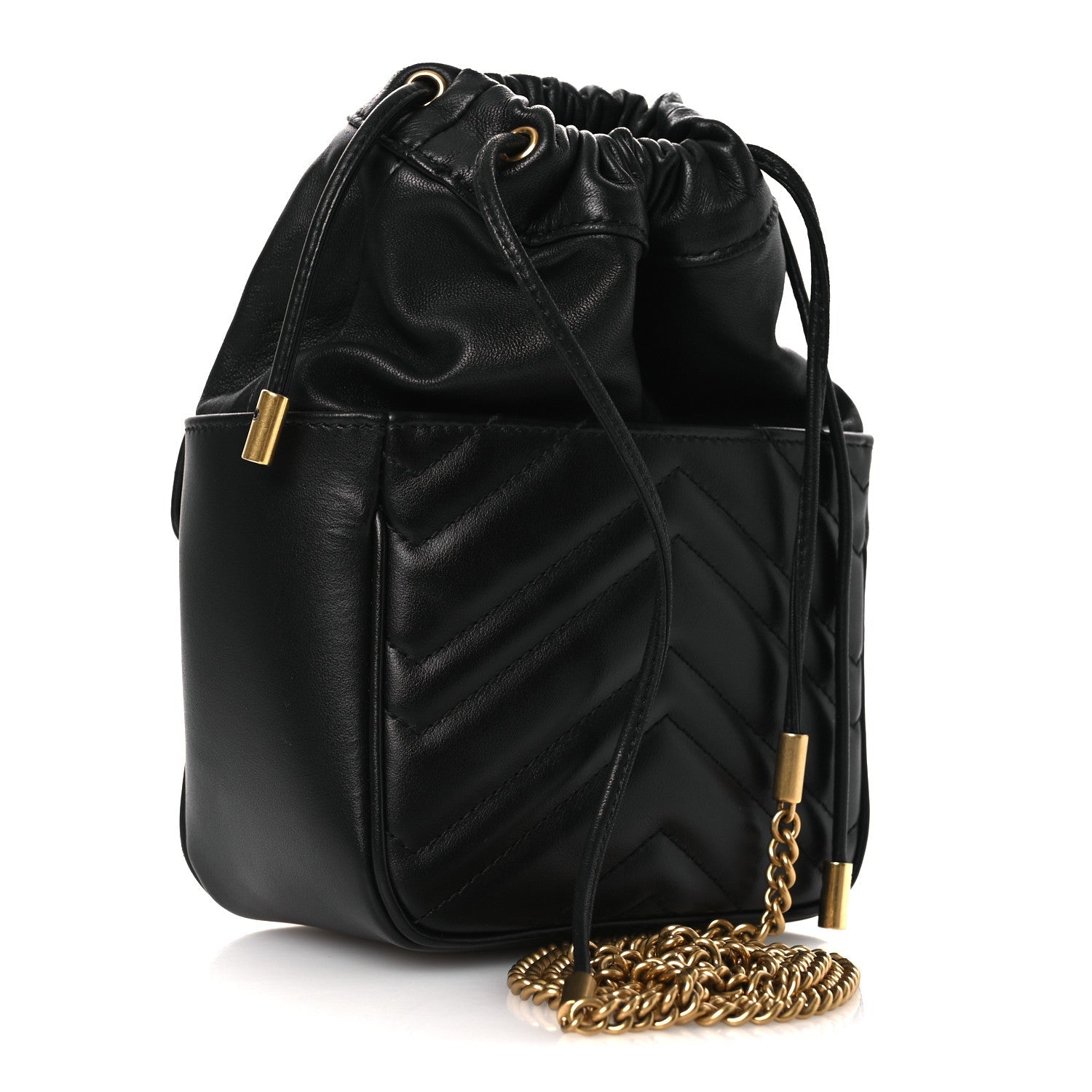 Gucci Calfskin Matelasse Front Pocket Mini GG Marmont Bucket Bag Black