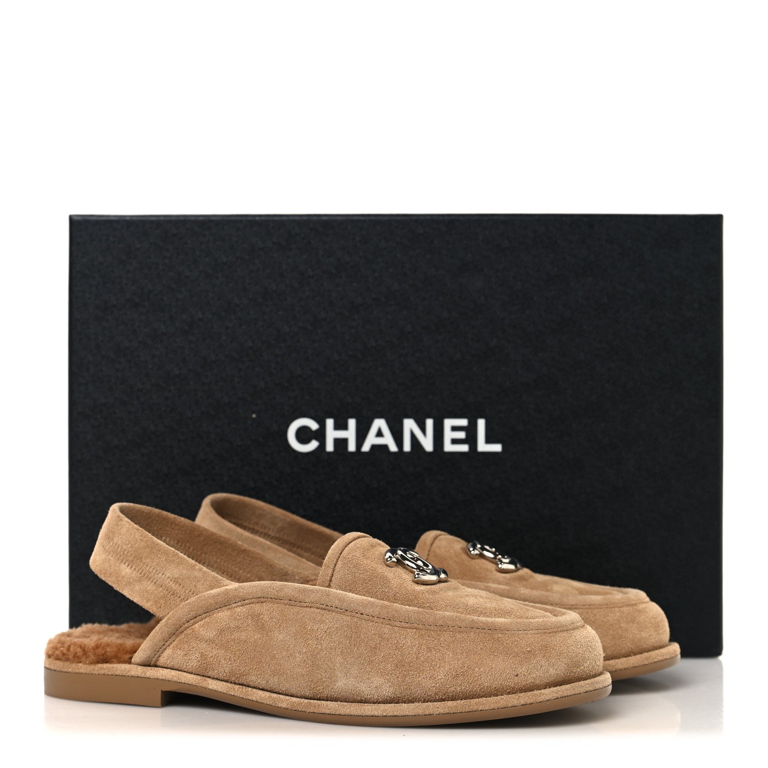 Chanel Suede Calfskin CC Slingback Loafers 35 Dark Beige