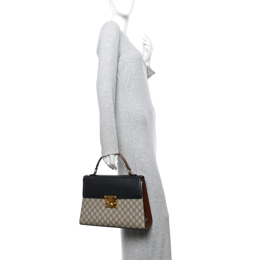Gucci GG Supreme Monogram Calfskin Medium Padlock Top Handle Bag Beige Black Cuir