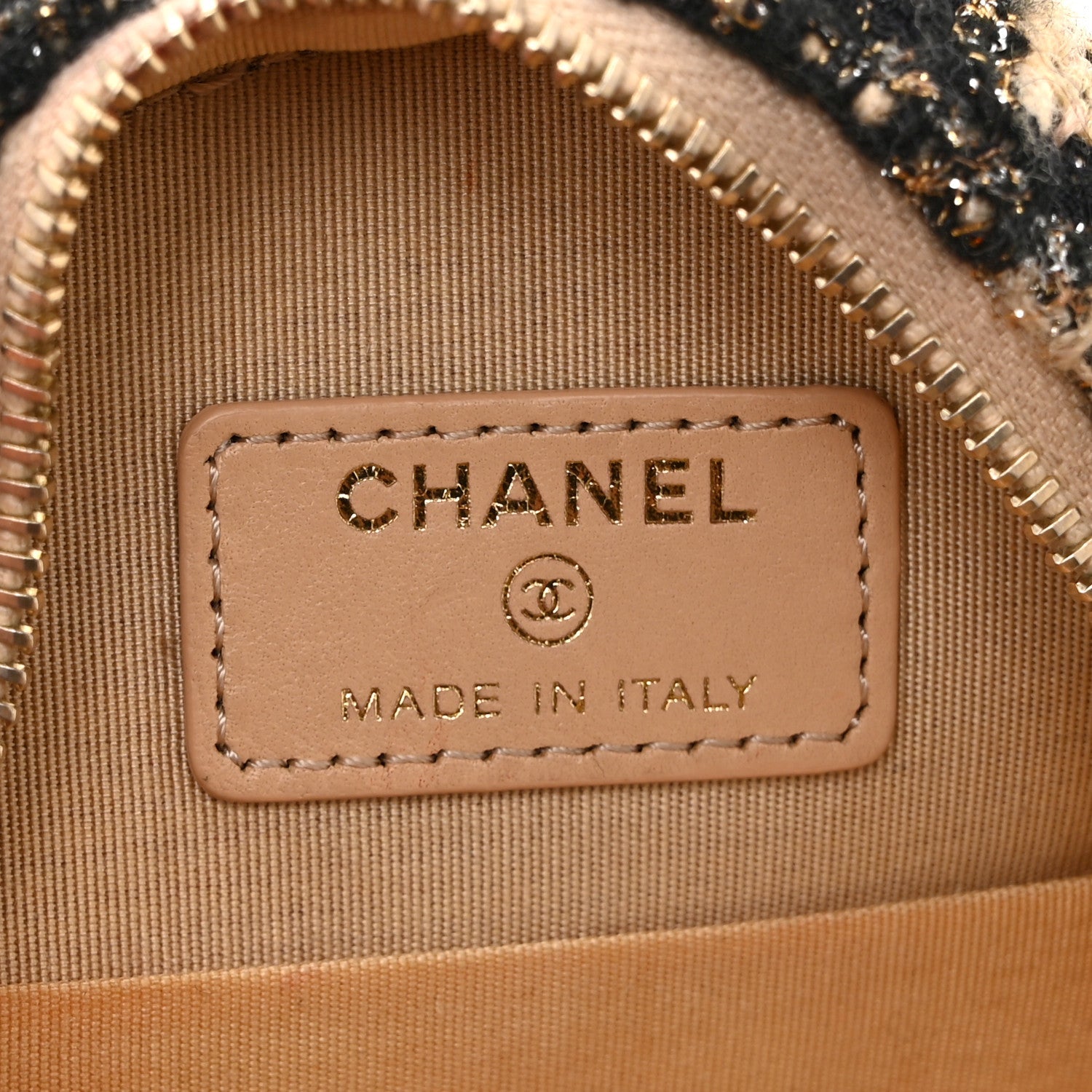 Chanel Wool Tweed Lambskin Quilted Chanel 19 Round Clutch With Chain and Coin Purse Beige Black