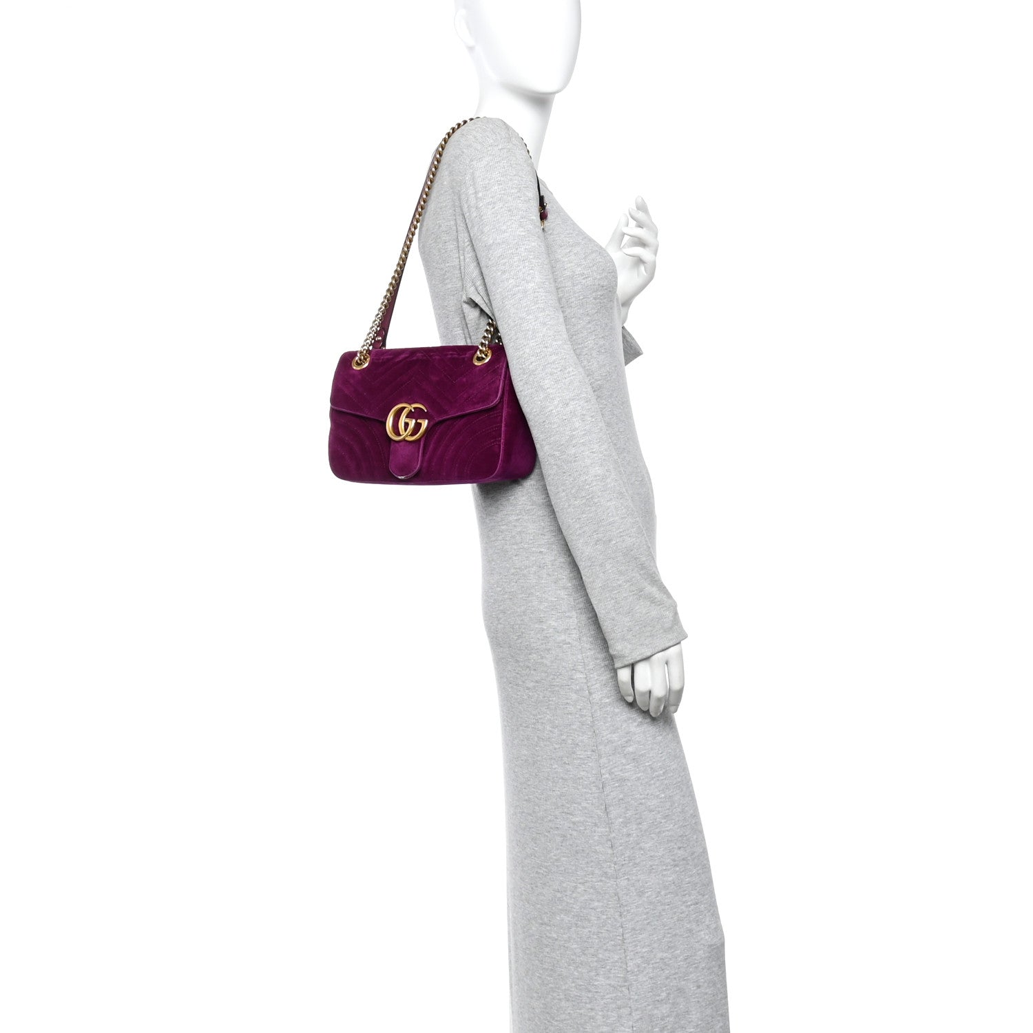 Gucci Velvet Matelasse Small GG Marmont Shoulder Bag Fuchsia Violet Cyclamen