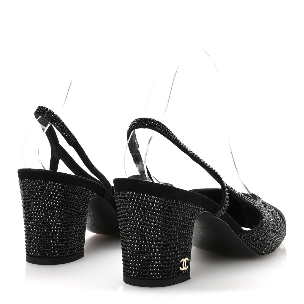 Chanel Strass Grosgrain Cap Toe CC Slingback Pumps 39 Black