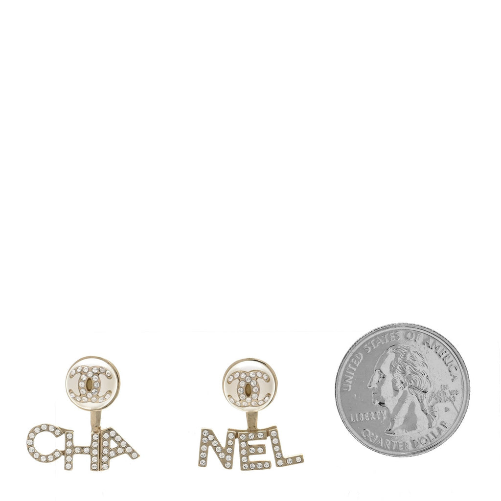 Crystal Pearl Cha-Nel Logo Earrings Gold