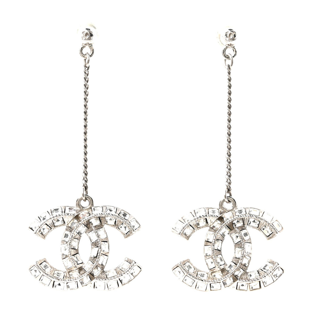 Baguette Crystal CC Drop Earrings Silver
