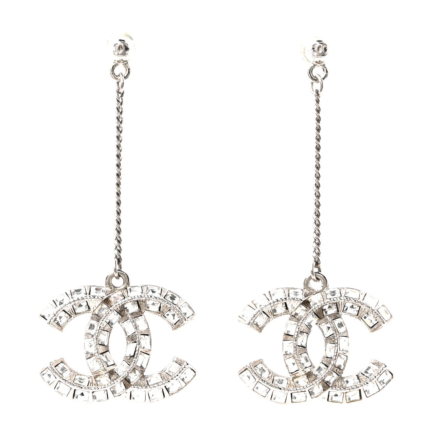 Baguette Crystal CC Drop Earrings Silver